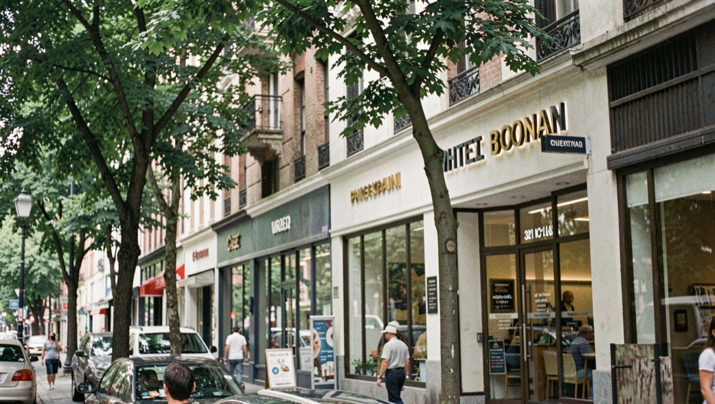 Commercial street with bank facade and shade trees