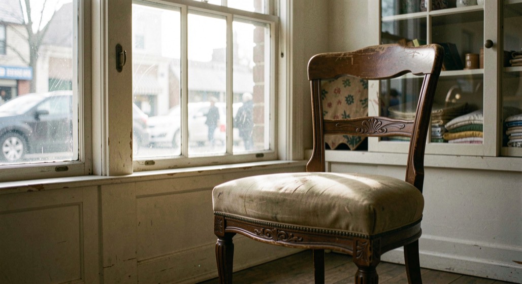 Vintage styling chair near a sunlit shop window