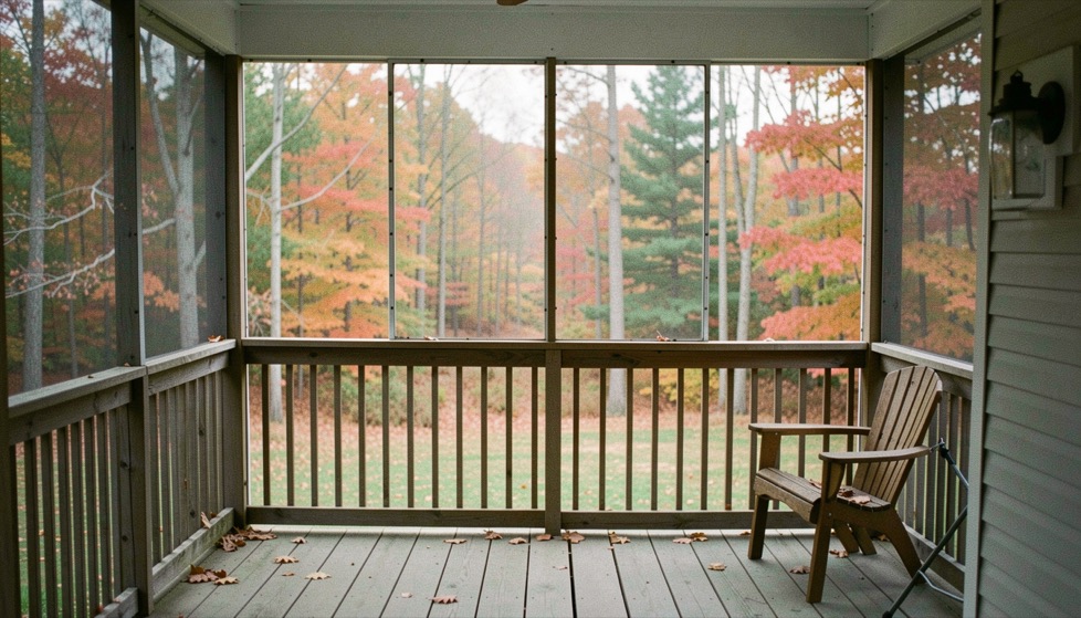 Screened porch overlooking wooded lot in early autumn